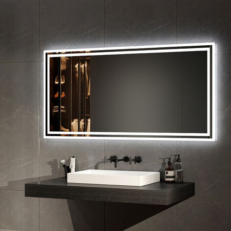 EMKE Espejo de baño con luz, espejo de baño con interruptor mecánico y antivaho, LED iluminación luz blanca y luz cálida, 120 x 60 cm
