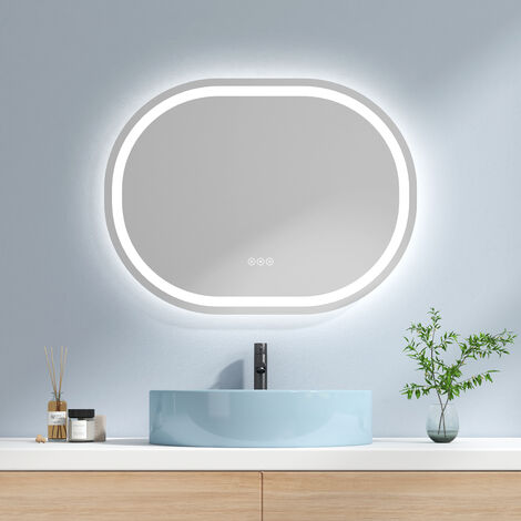 EMKE LED Espejo de baño, espejo de baño ovalado, espejo de baño con luz con interruptor táctil, antivaho, regulable, tres colores de luz, funcion memoria, 80x60cm