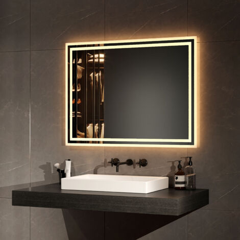 EMKE Espejo de baño con luz, espejo de baño con interruptor mecánico y antivaho, LED iluminación luz blanca y luz cálida, 80 x 60 cm