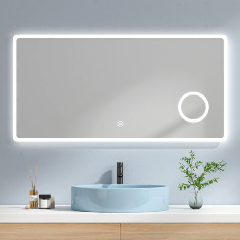 EMKE Espejo de Baño con luz, Espejo Baño LED con 3X Lupa, espejo de baño de gran tamaño, IP44 Ahorro de energía, 120 x 60 cm Luz blanca fría + Interruptor tactil