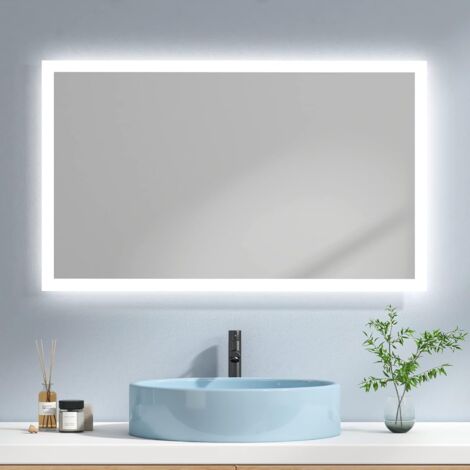EMKE Espejo de baño con luz, espejo de baño con LED iluminación, con interruptor mecánico y antivaho, 100 x 60 cm luz blanca y luz cálida
