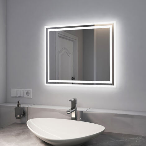 EMKE Espejo de baño con luz, espejo de baño con interruptor mecánico y antivaho, LED iluminación luz blanca y luz cálida, 60 x 50 cm