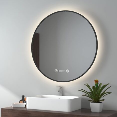 EMKE Espejo de baño redondo con luz, luz neutra, espejo de baño con interruptor táctil, antivaho, reloj, pantalla de temperatura, regulable, funcion memoria, diámetro 80cm marco negro