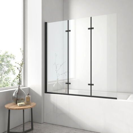 EMKE Mampara de baño, plegable, tres puertas, vidrio de seguridad de 6 mm, nano-revestimiento para facilitar la limpieza - Negro mate 130 x 140 cm
