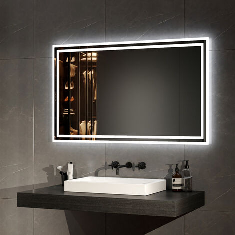 EMKE Espejo de baño con luz, espejo de baño con interruptor mecánico y antivaho, LED iluminación luz blanca y luz cálida, 100 x 60 cm