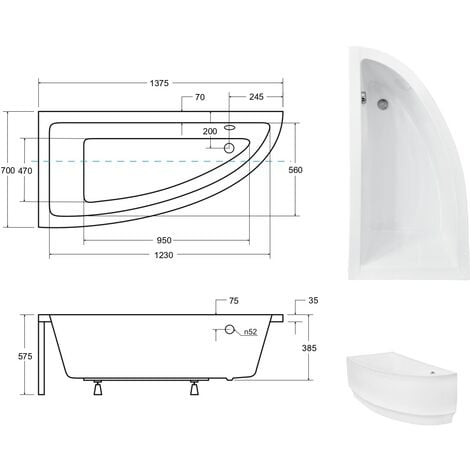 Baignoire asymétrique Gauche - PRAKTIKA - 140 x 70 - avec Tablier - Repose Tête OFFERT