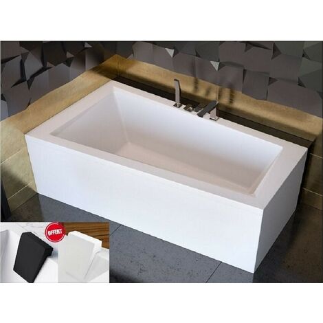 Otitec – Baignoire asymétrique gauche 160x90 cm en acrylique – Tablier inclus – Repose-tête blanc OFFERT – Résistante aux chocs et aux taches
