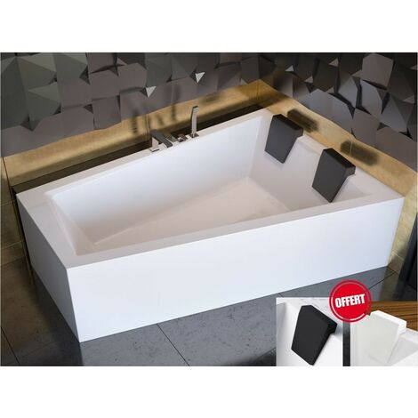 Otitec – Baignoire asymétrique droite 180x125 cm en acrylique blanc – Tablier inclus – Repose-tête OFFERT – Conception moderne et spacieuse