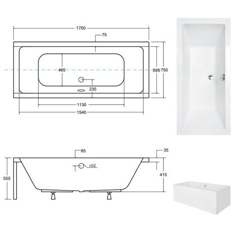Baignoire rectangulaire Blanc - QUADRO  - 170x75 - avec Tablier - Repose Tête OFFERT