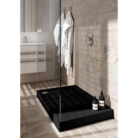 Otitec – Receveur de douche à poser rectangulaire noir effet pierre – 100 x 80 cm – Antidérapant – Surface facile à nettoyer – Isolation thermique (1/5)