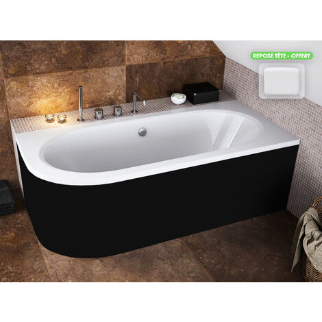 Otitec – Baignoire d'angle droite 170x75 cm en acrylique renforcé – Habillage noir mat – Repose-tête offert – Isolation thermique exceptionnelle