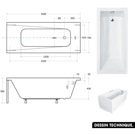 Baignoire rectangulaire - avec Tablier Blanc et Repose Tête OFFERT  MODERN  170x70