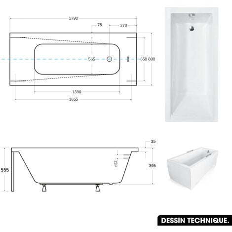 Baignoire rectangulaire - avec Tablier Blanc et Repose Tête OFFERT  MODERN  180x80