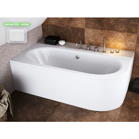 Otitec – Baignoire d'angle 180x80 cm gauche – Acrylique renforcé – Tablier et repose tête blancs inclus – Isolation thermique avancée