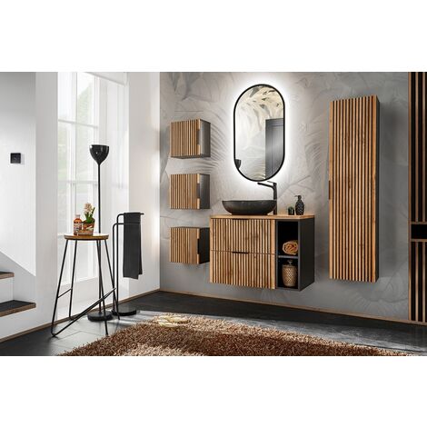 Cube de rangement de salle de bain - Chêne Wotan - L20-H57-P46 - LUXILO (1/4)