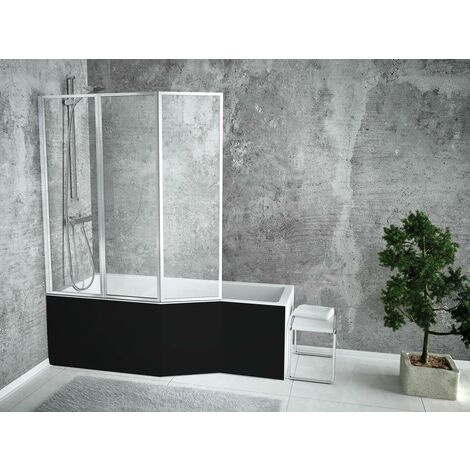 Otitec – Baignoire bain douche gauche 170 x 75 cm – Pare baignoire 3 volets – Tablier noir – Acrylique – Installation universelle
