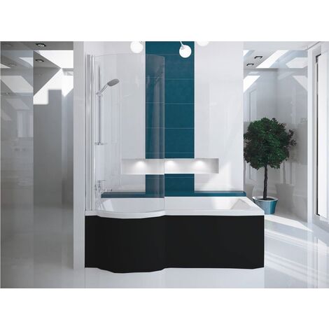 Otitec – Baignoire bain douche asymétrique 170 x 70 cm – Acrylique noir avec pare-baignoire – Installation à gauche – Garantie 10 ans