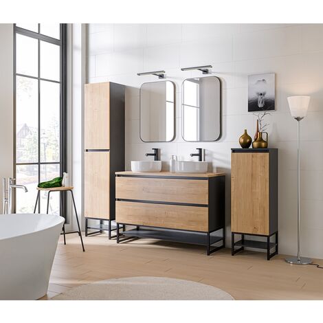 Meuble de salle de bain Chêne hamiltion et gris diamant L120-H57-P46 - Marseilla + Plan de travail en bois CHÊNE D'HAMILTON L120-P47-H2,5