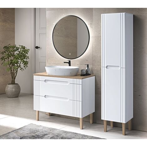 Otitec – Meuble sous vasque simple blanc alpin L120-H62-P45,8 – Plan de vasque en bois FSC L-120-P46-H2,5 – Rangement optimisé sous lavabo