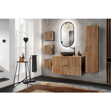 Meuble sous lavabo de salle de bain - Gris roche et chêne Wotan - L100-H57-P46 - LUXILO + Plan de vasque en bois CHÊNE WOTAN L-100-P46,5-H2