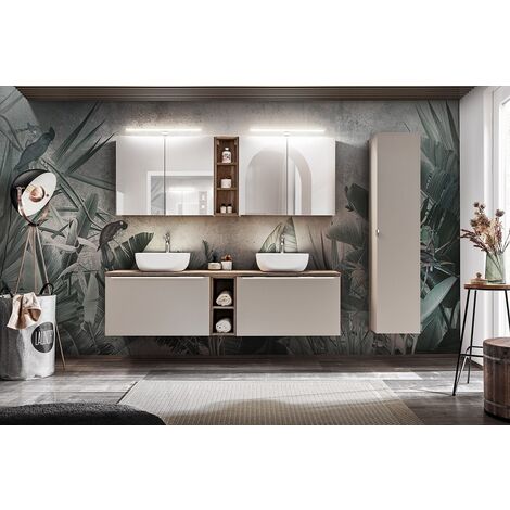 Meuble sous lavabo de salle de bain - Gris galet - L80-H46-P45,6 - KLAUS + Plan de vasque en bois CHÊNE SANTA FE L-80-P46-H2,5