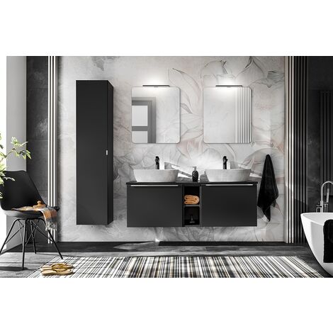 Meuble sous lavabo de salle de bain - Noir - L60-H46-P45,6 - KLAUS + Plan de vasque en bois CHÊNE NOIR SANTA FE L-60-P46-H2,5