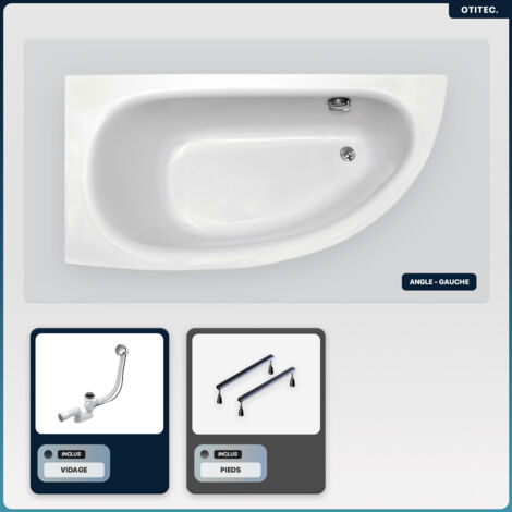 Baignoire asymétrique - 150 x 70 cm - Gauche - sans Habillage - avec Pieds - Vidage Chrome - MILENA