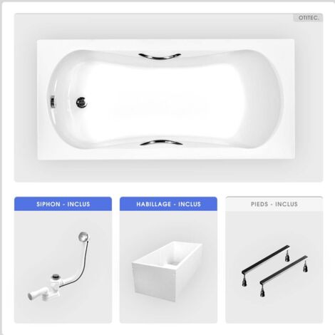 Baignoire rectangulaire - 160 x 70 cm - avec Habillage Polystyrène - Pieds - Poignées - Vidage Chrome - ARIA PLUS (1/4)