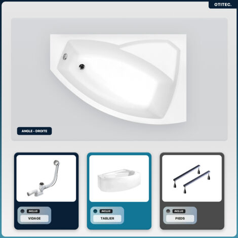 Baignoire asymétrique - 160 x 100 cm - Droite - avec Tablier - Pieds - Vidage Chrome - RIMA (1/5)