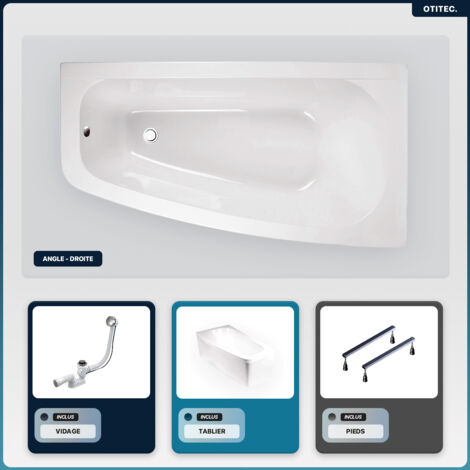 Baignoire asymétrique - 150 x 80 cm - Droite - avec Tablier - Pieds - Vidage Chrome - LUNA (1/5)