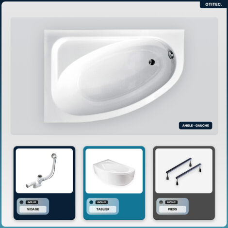 Baignoire asymétrique - 140 x 80 cm - Droite - avec Tablier Blanc - Pieds - Vidage Chrome - CORNEA