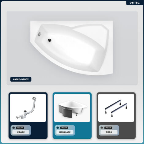 Baignoire asymétrique - 140 x 90 cm - Droite - avec Habillage - Pieds - Vidage Chrome - RIMA (1/5)