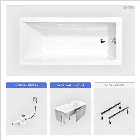 Baignoire rectangulaire - 160 x 70 cm - avec Habillage (4 cm) - Pieds - Vidage Chrome - MODERN SLIM (1/5)
