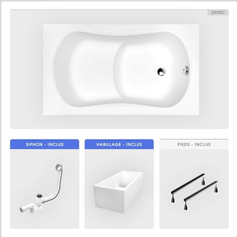 Baignoire rectangulaire - 120 x 70 cm - avec Habillage Polystyrène - Pieds - Poignées - Vidage Chrome - ARIA REHAB (1/4)