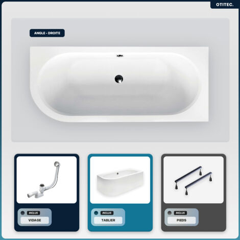 Baignoire asymétrique - 160 x 75 cm - Droite - avec Tablier Blanc - Pieds - Vidage Chrome - AVITA
