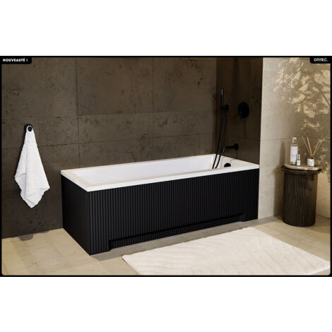 Baignoire rectangulaire - 180 x 80 cm - avec Tablier Noir Rainuré - Pieds - Vidage Chrome INCLUS - BONA
