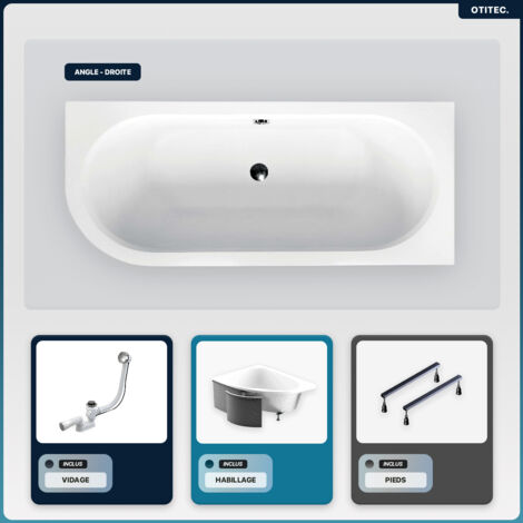 Baignoire asymétrique - 160 x 75 cm - Droite - avec Habillage - Pieds - Vidage Chrome - AVITA