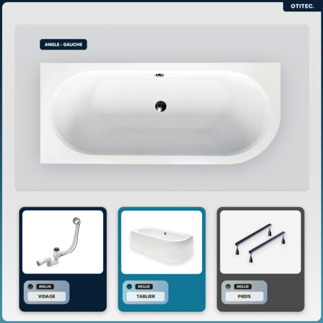 Baignoire asymétrique - 180 x 80 cm - Gauche - avec Tablier Blanc - Pieds - Vidage Chrome - AVITA