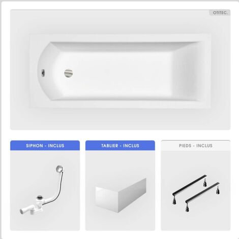 Baignoire rectangulaire - 170 x 70 cm - avec Tablier - Pieds - Vidage Chrome - SHEA