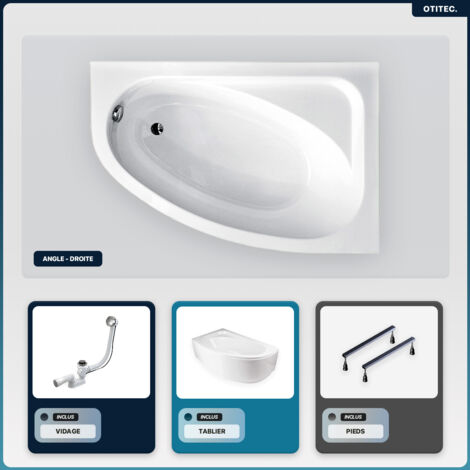 Baignoire asymétrique - 140 x 80 cm - Gauche - avec Tablier Blanc - Pieds - Vidage Chrome - CORNEA (1/5)