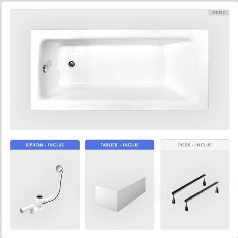 Baignoire rectangulaire - 160 x 75 cm - avec Tablier Blanc - Pieds - Vidage Chrome - TALIA (1/5)