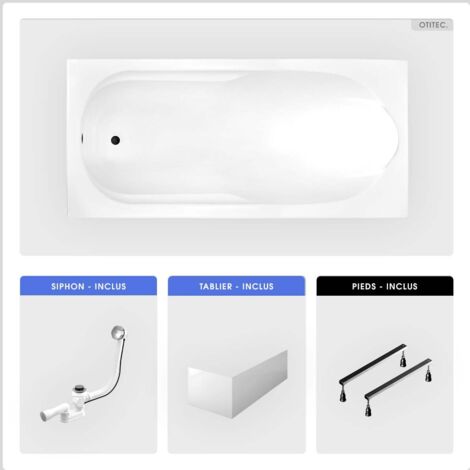 Baignoire rectangulaire - 160 x 70 cm - avec Tablier Blanc - Pieds - Vidage Chrome - BONA