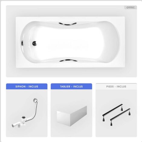Baignoire rectangulaire - 140 x 70 cm - avec Tablier Blanc - Pieds - Poignées - Vidage Chrome - ARIA PLUS (1/5)