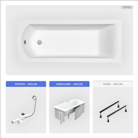 Baignoire rectangulaire - 160 x 70 cm - avec Habillage (4 cm) - Pieds - Vidage Chrome - SHEA SLIM (1/5)