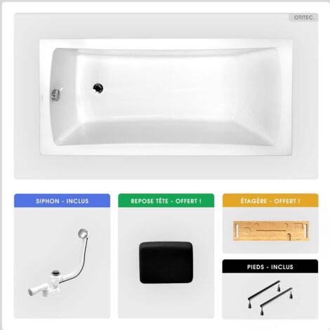 Baignoire rectangulaire - 160 x 70 cm - sans Habillage - avec Pieds - Repose-tête - Étagère bambou - Vidage Chrome - OPTIMA (1/5)