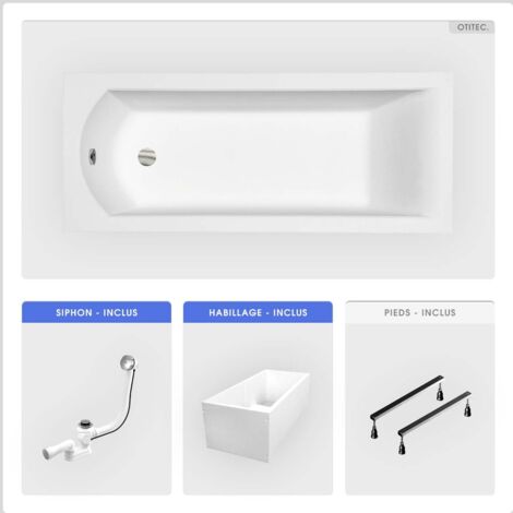 Baignoire rectangulaire - 150 x 70 cm - avec Habillage Polystyrène - Pieds - Vidage Chrome - SHEA SLIM (1/5)