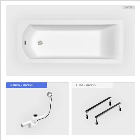 Baignoire rectangulaire - 160 x 70 cm - sans Habillage - avec Pieds - Vidage Chrome - SHEA SLIM (1/5)
