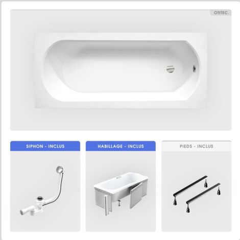 Baignoire rectangulaire - 160 x 75 cm - avec Habillage - Pieds - Vidage Chrome - INTRICA SLIM (1/5)