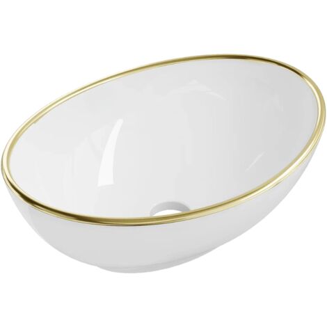 Vasque à poser arrondie -40 x 33 cm -Blanc brillant liseré or -VERA (1/5)