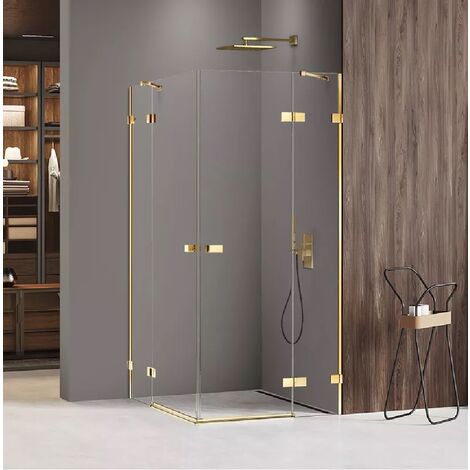 Cabine de douche 90x80cm 2 portes pivotantes,MIAMI GOLD, doré,acces d'angle (1/5)